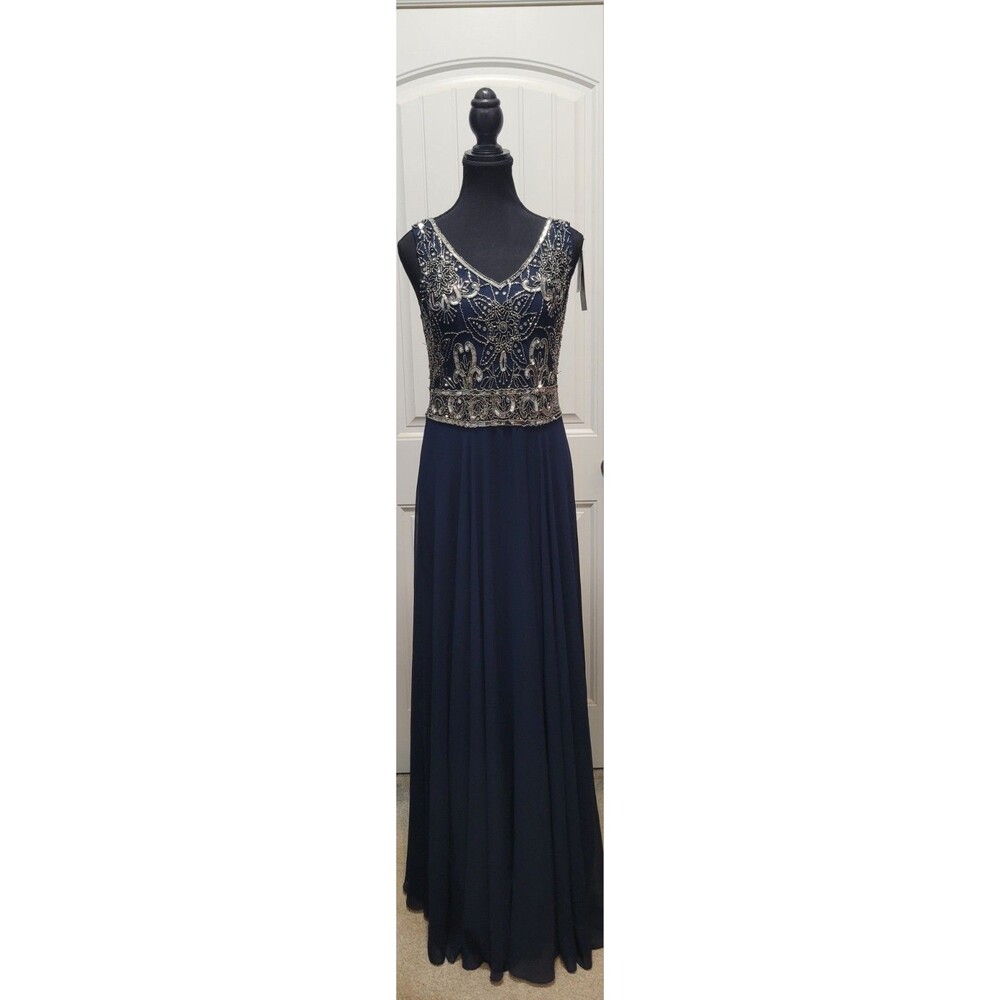 J Kara Navy Blue Beaded Maxi Gown Sz 6 Mother Bride/Groom Wedding Formal